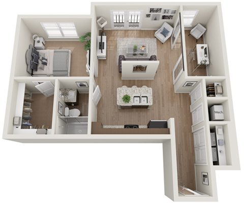 a 3d rendering of a floor plan with a bedroom and living room